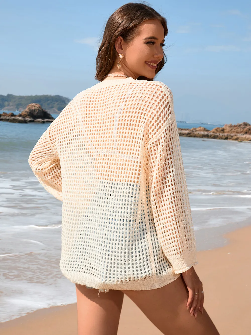Openwork Dropped Shoulder Long Sleeve Cover-Up, image 11