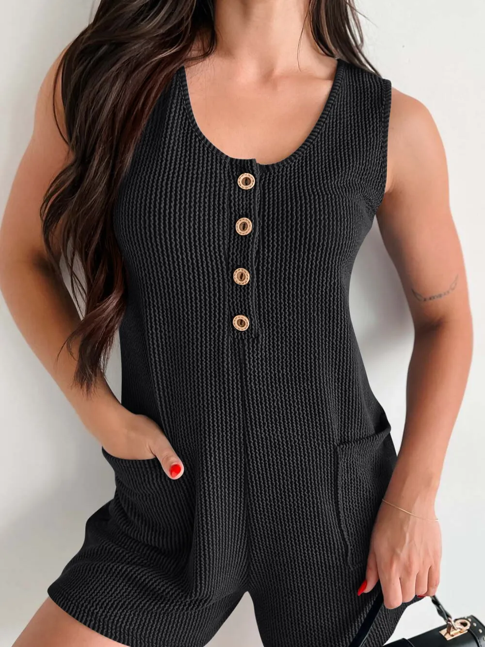 Texture Wide Strap Romper with Pockets, image 27