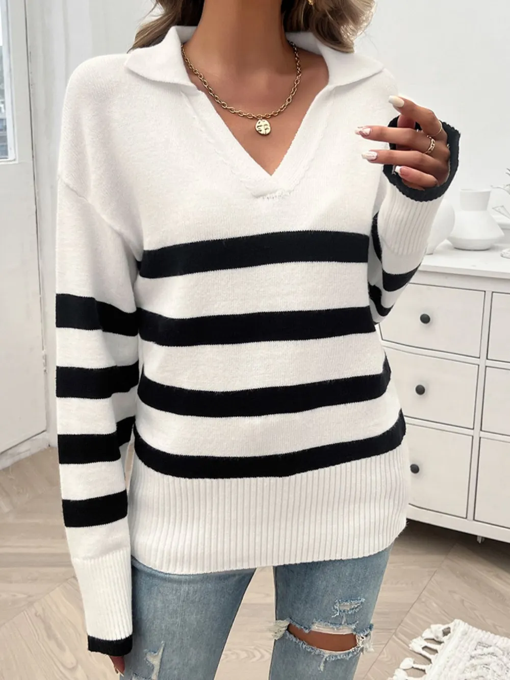 Striped Collared Neck Long Sleeve Sweater, image 16