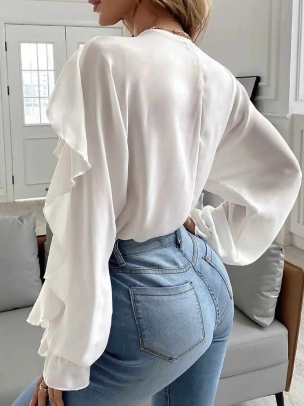 Full Size Ruffled V-Neck Button Down Flounce Sleeve Blouse, image 6
