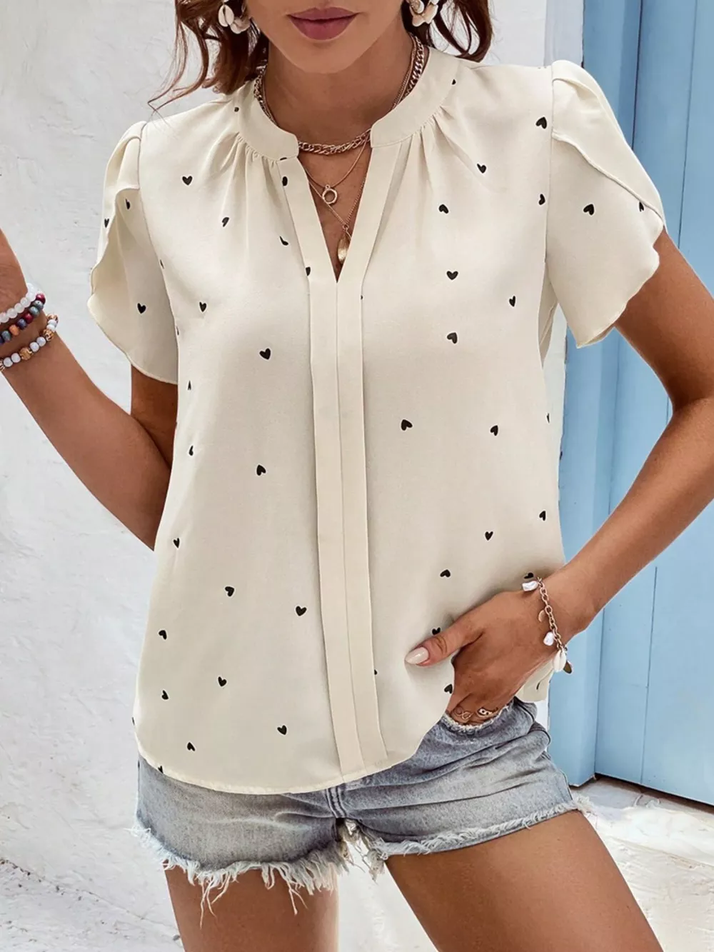 Heart Print Petal Sleeve Blouse, image 23