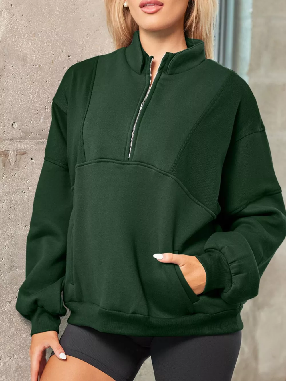 Half Zip Stand Collar Exposed Seam Solid Color Casual Sweatshirt, image 5