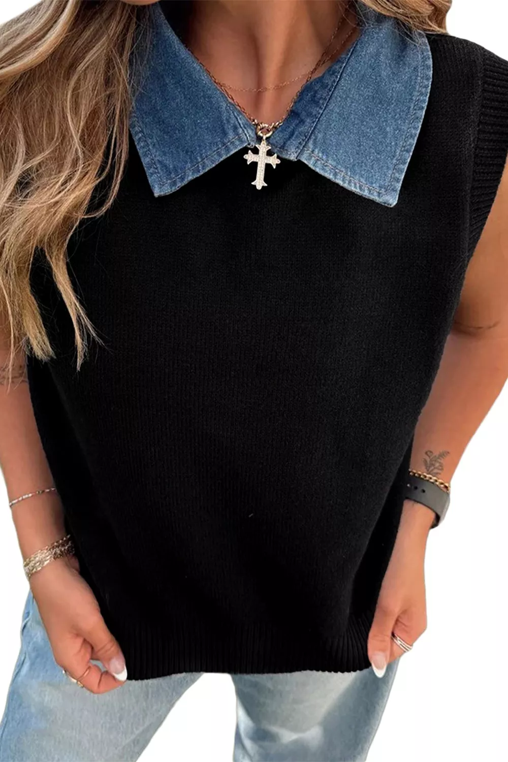 Contrast Denim Collar Sweater Vest, image 3