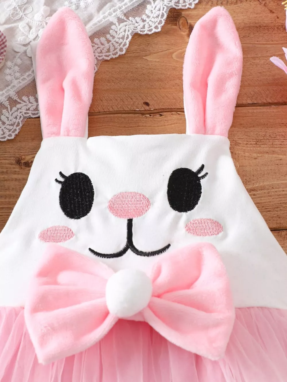Children's Bunny Embroidered Bow Decor Mesh One-Piece, image 3