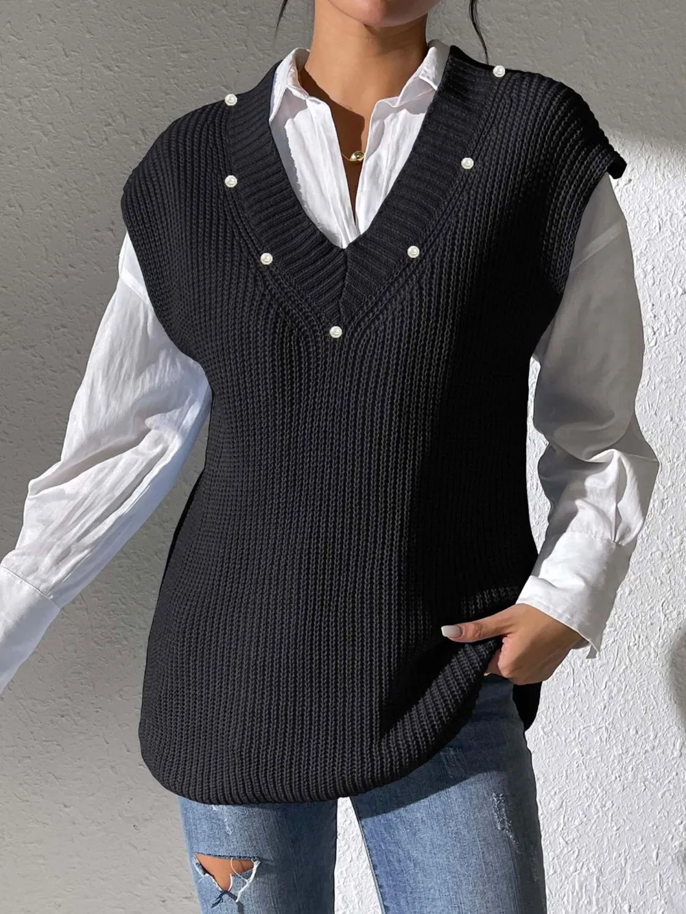 Pearl Trim V-Neck Sweater Vest, image 8