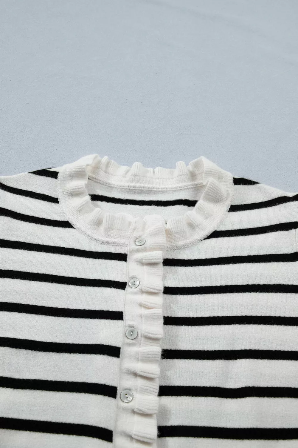 Stripe Ruffle Trim Button Down Knit Short Sleeve Sweater Cardigan, image 5