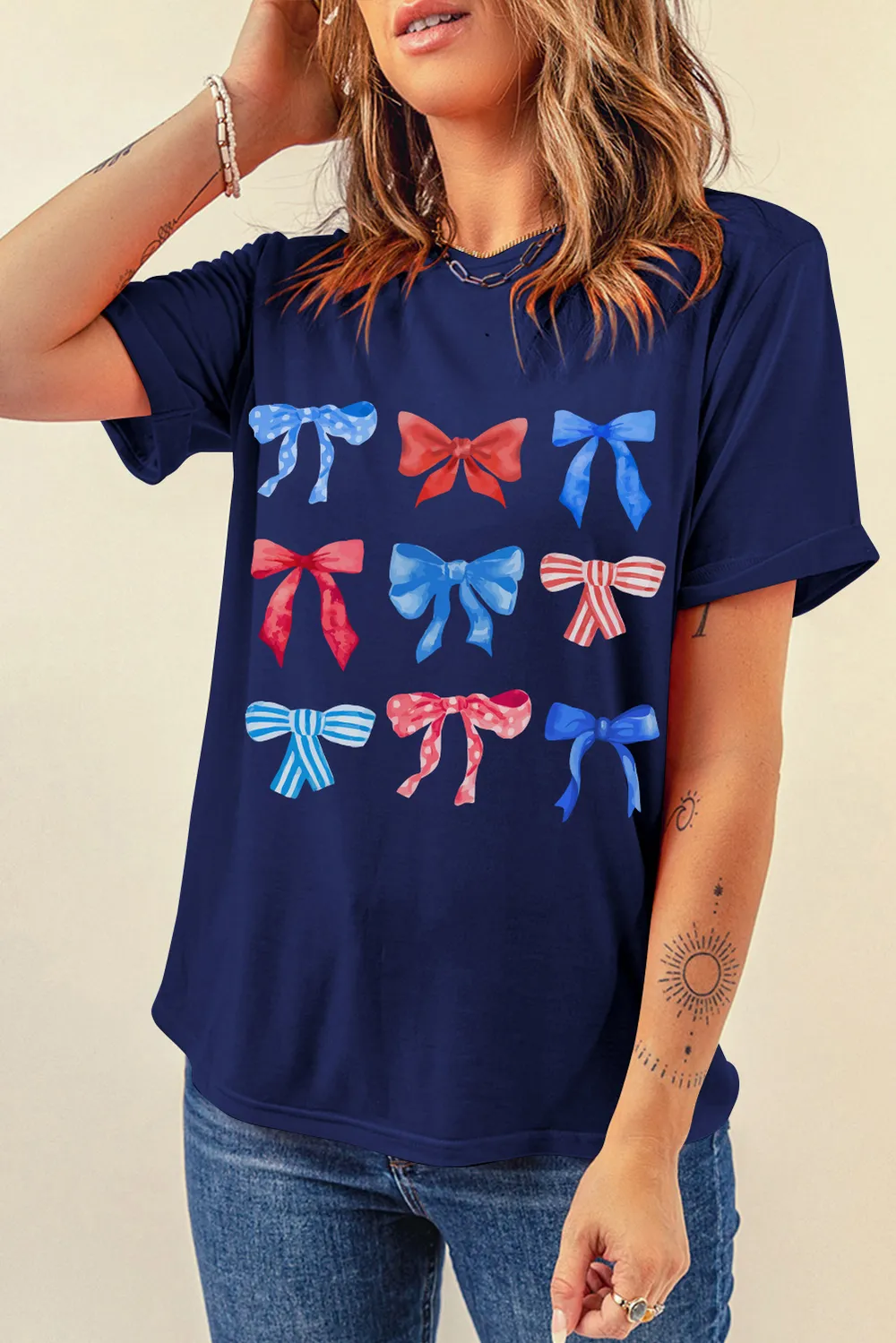 Bow Graphic Round Neck Short Sleeve T-Shirt, image 4
