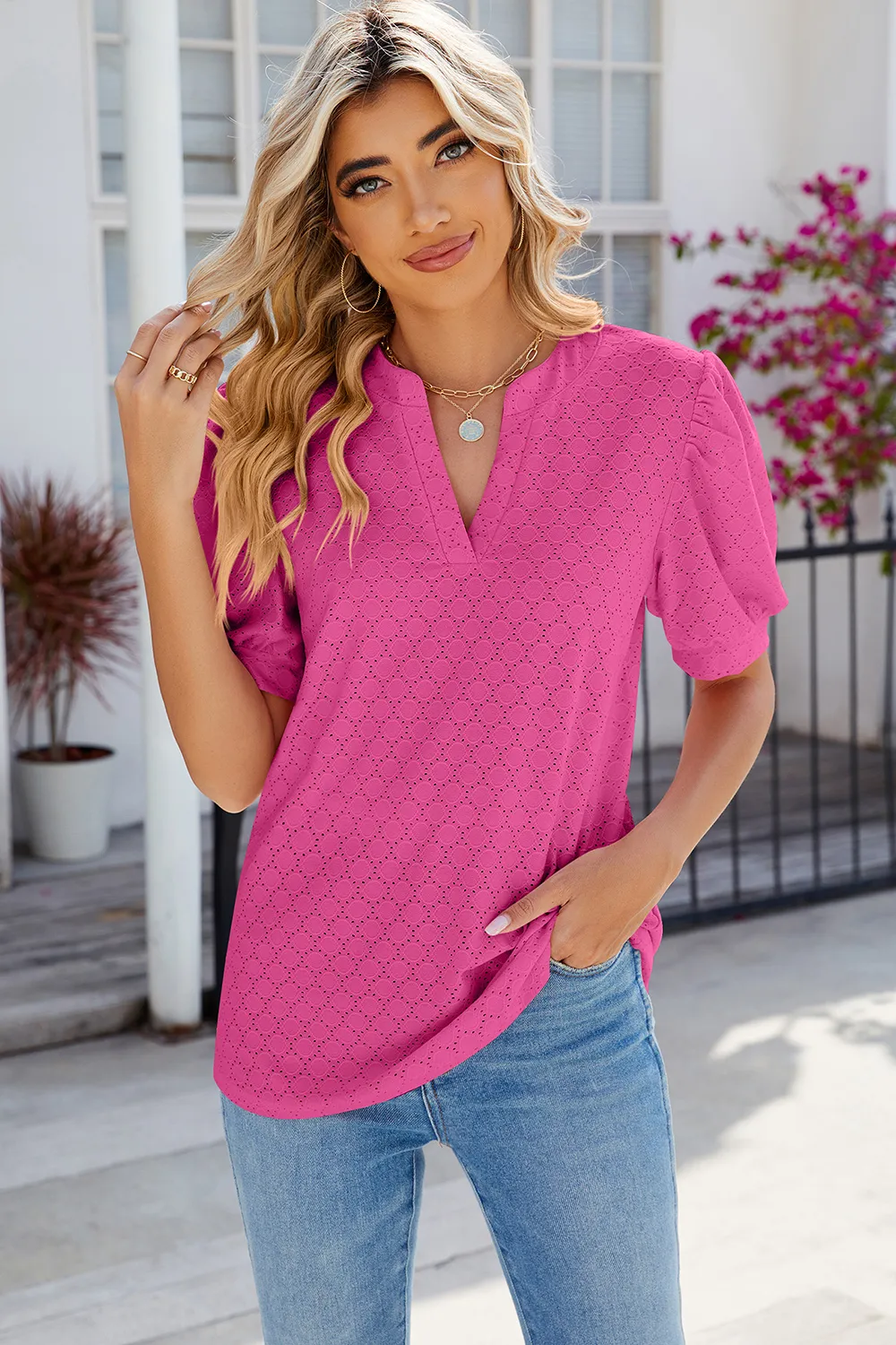 Eyelet Notched Puff Sleeve T-Shirt, image 7