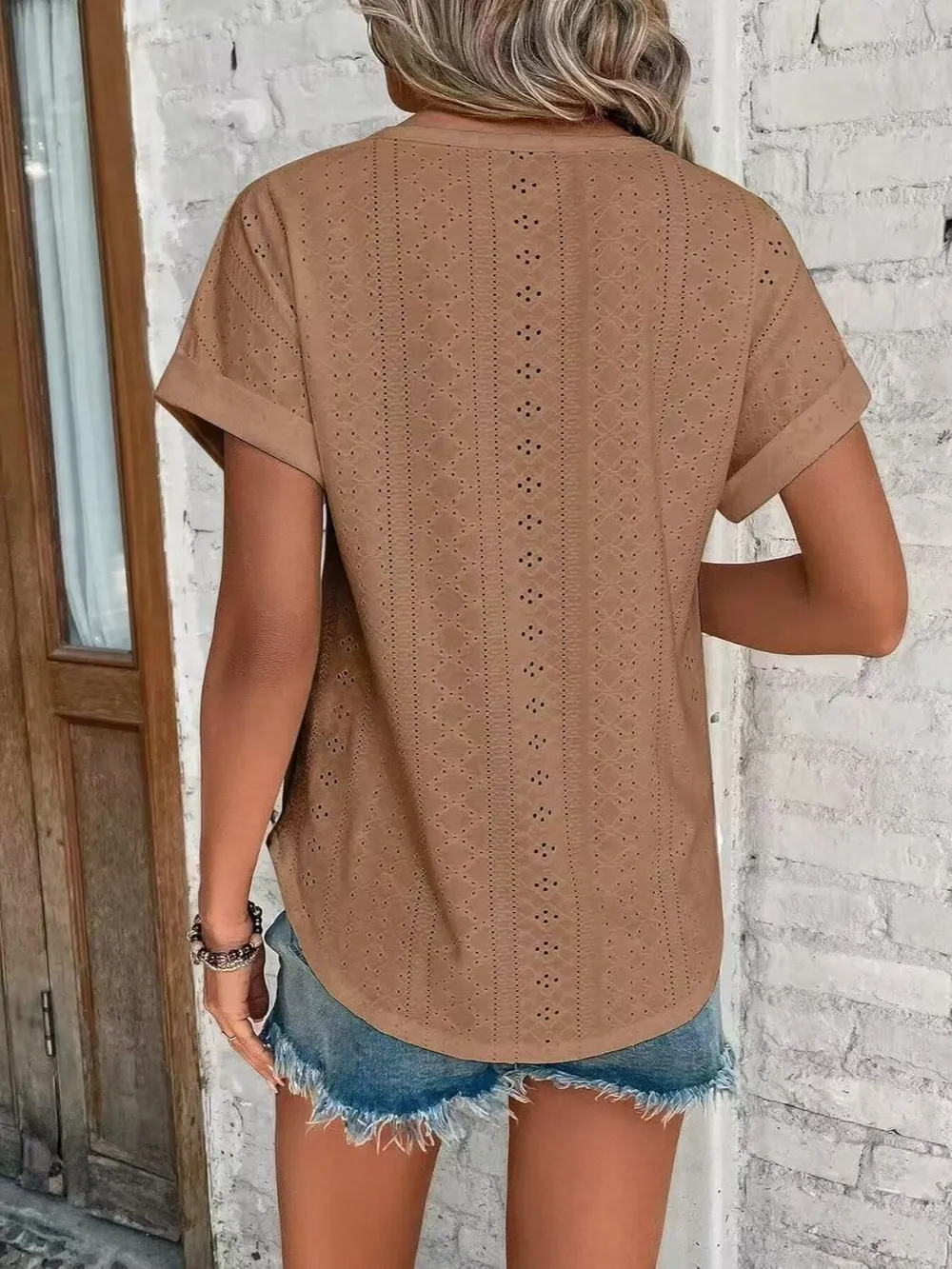 Eyelet Round Neck Short Sleeve Top, image 9