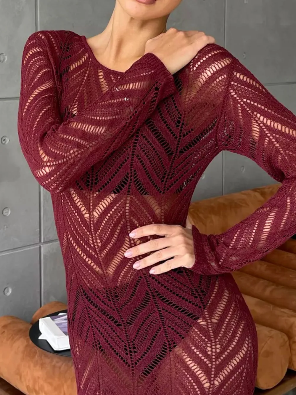 Openwork Long Sleeve Knit Cover Up Dress, image 6