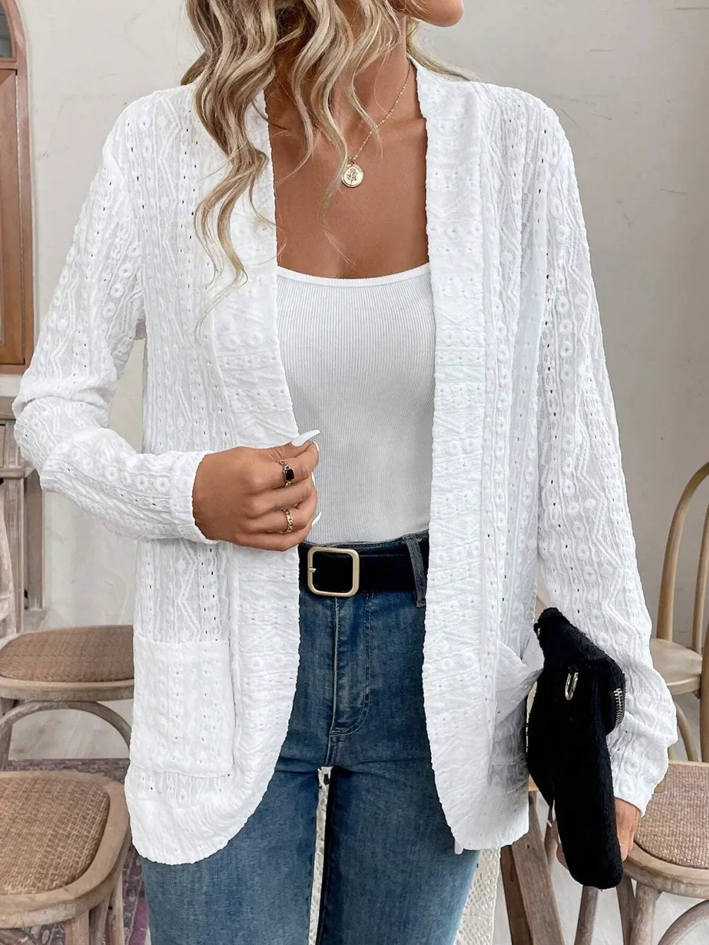 Pocketed Eyelet Open Front Cover Up, image 4