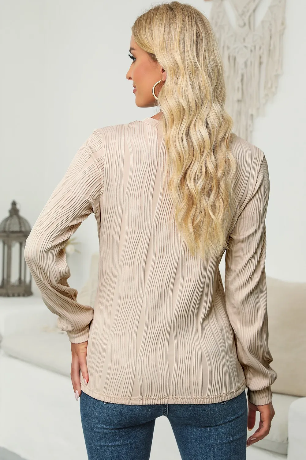 Textured Round Neck Long Sleeve Blouse, image 20