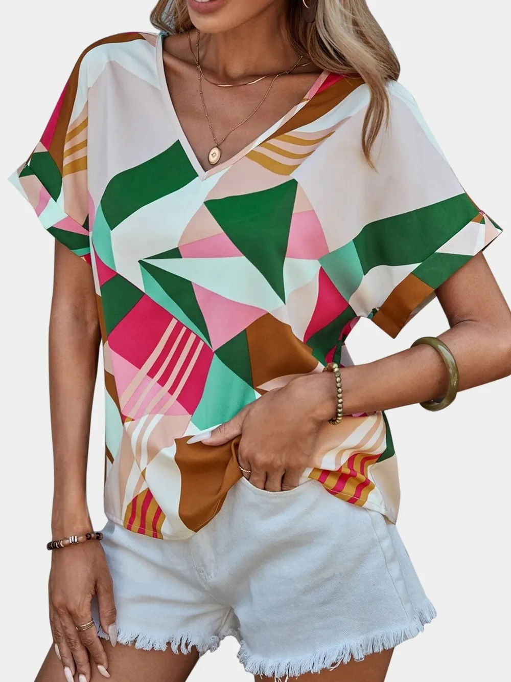 Printed V-Neck Short Sleeve Blouse, image 18