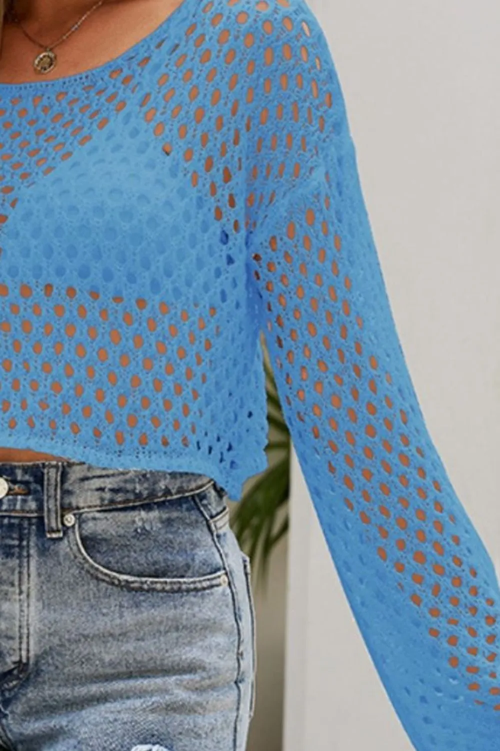 Openwork Round Neck Dropped Shoulder Knit Top, image 11