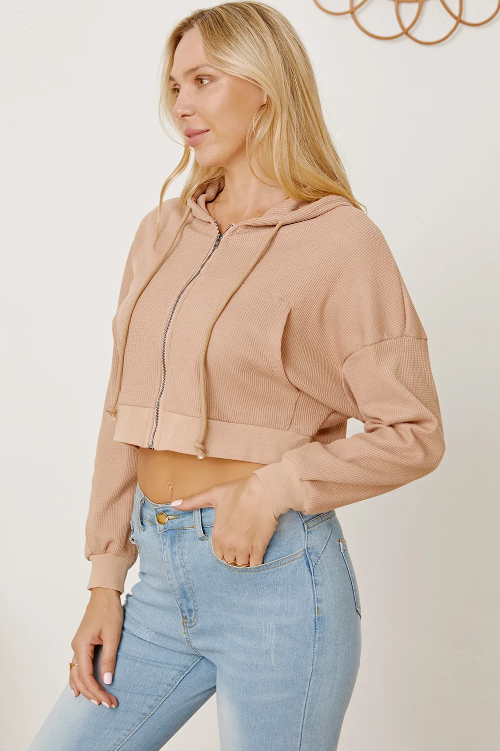 Waffle-Knit Drawstring Zip Up Hoodie, image 5