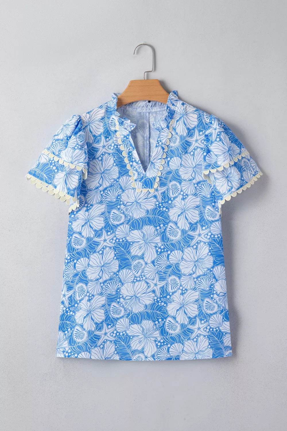 Floral Print Scalloped Trim V Neck Short Sleeve Blouse, image 3