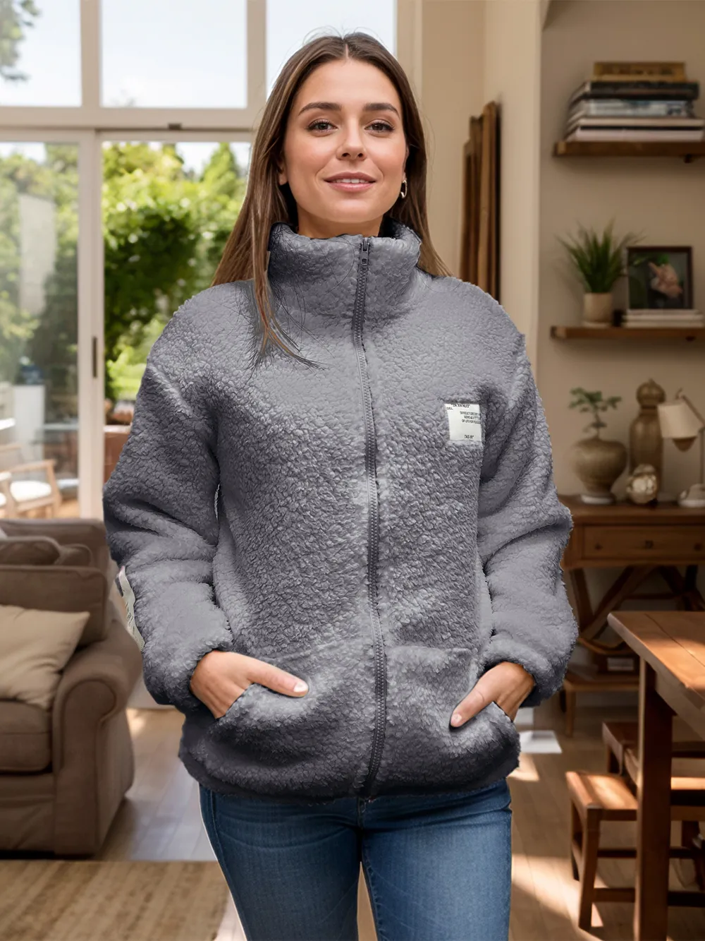 Full Size Turtleneck Zip Up Long Sleeve Sherpa Jacket, image 10