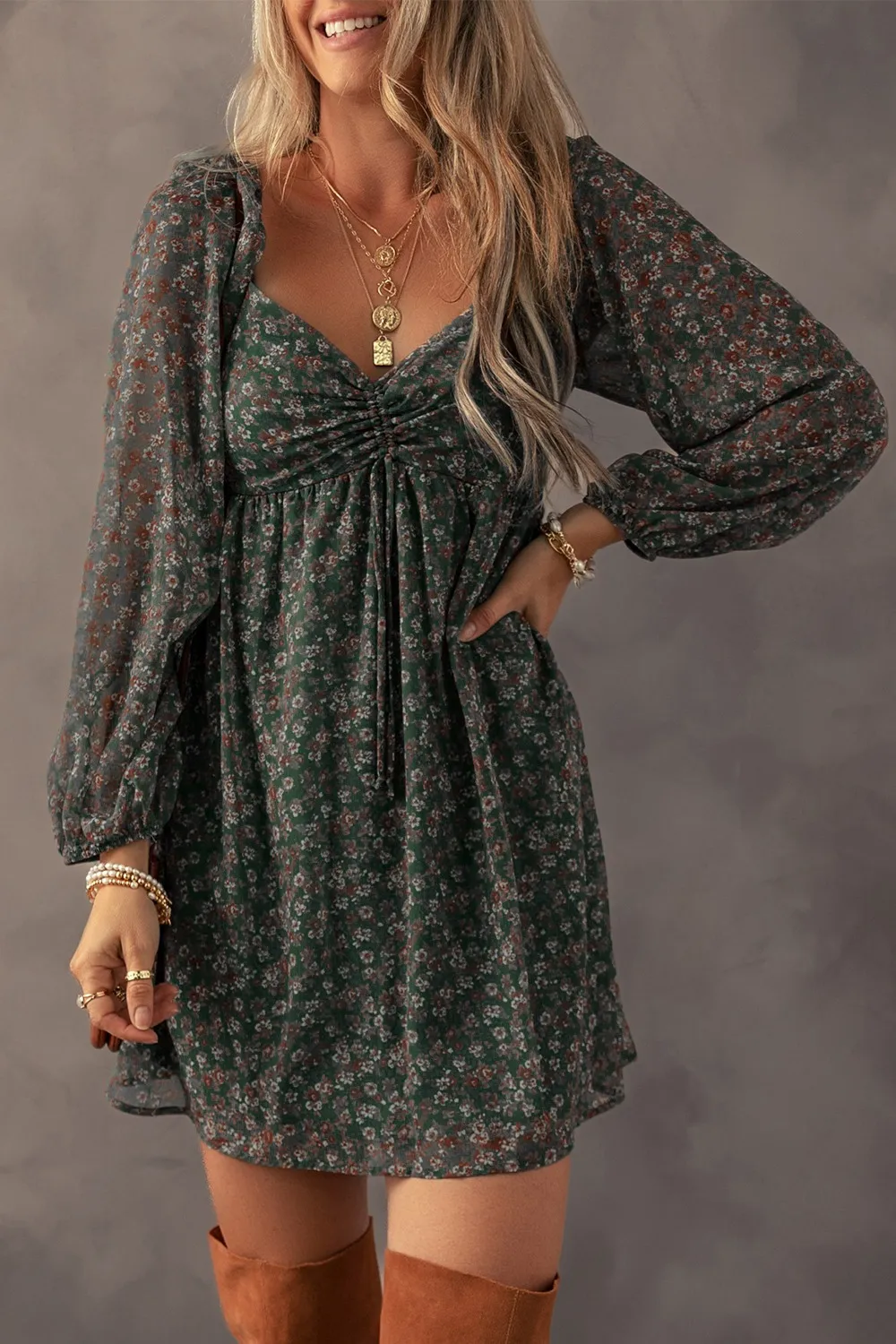 Ruched Printed Long Sleeve Mini Dress, image 10