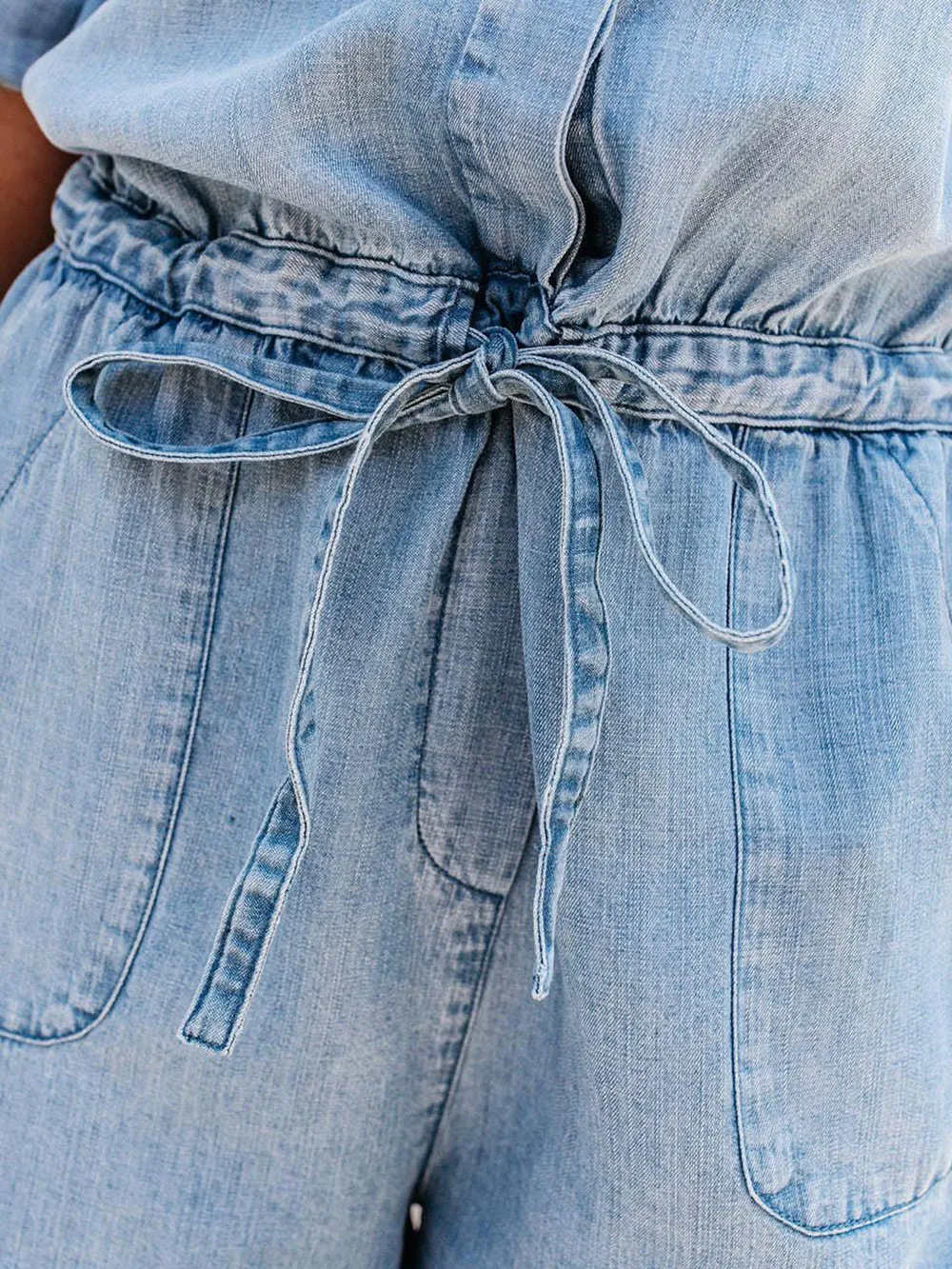 Drawstring Half Button Half Sleeve Denim Romper, image 3