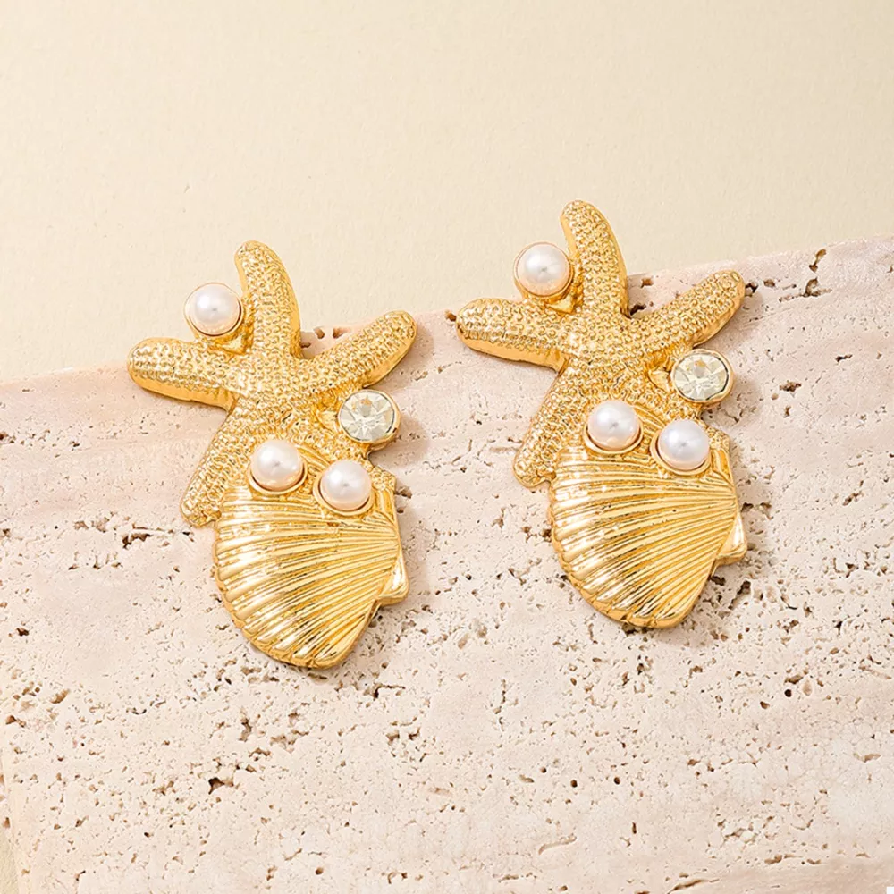 Ocean Starfish Shell Synthetic Pearl Drop Earrings, image 3