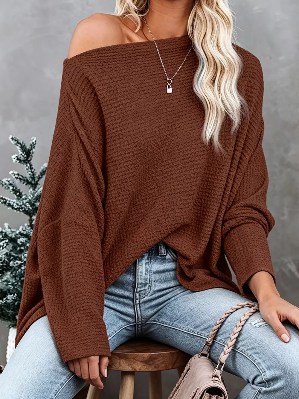 One-Shoulder Waffle Knit Top, image 2