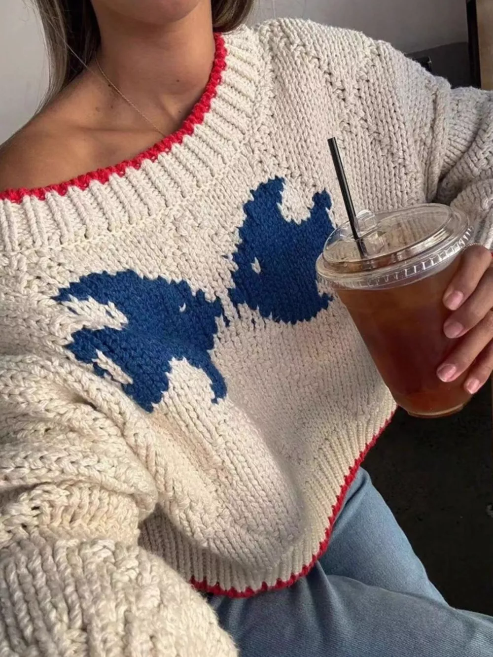 Fish Contrast Trim Round Neck Sweater, image 4