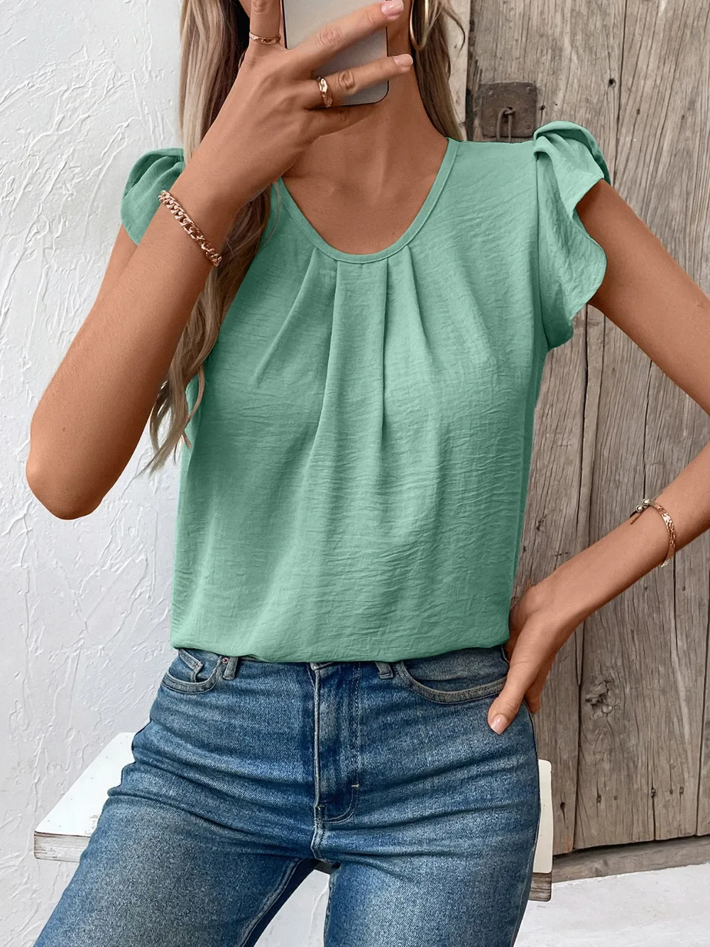 Ruched Round Neck Cap Sleeve Blouse, image 6