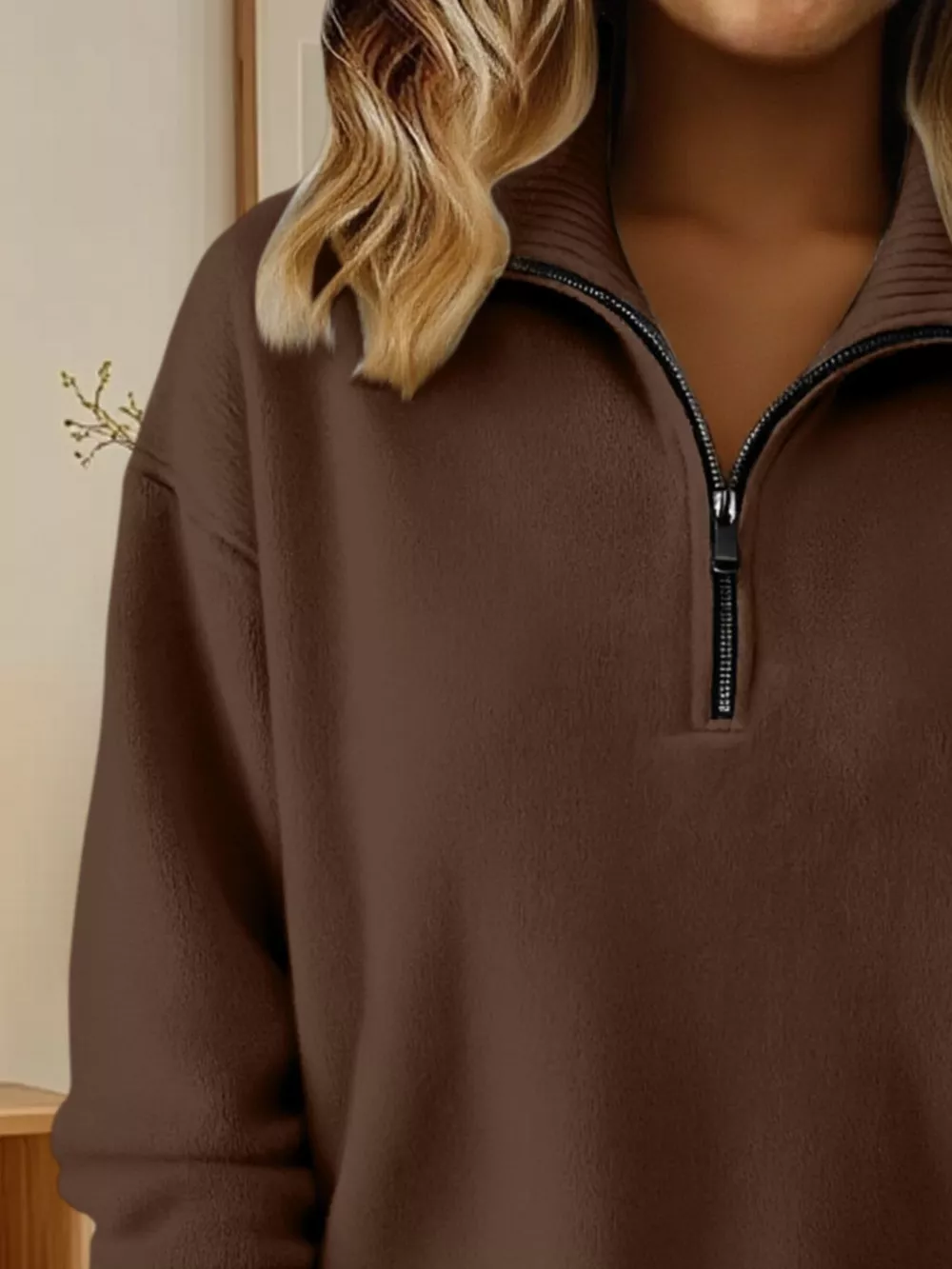 Full Size Half Zip Dropped Shoulder Sweater Plus Size, image 27