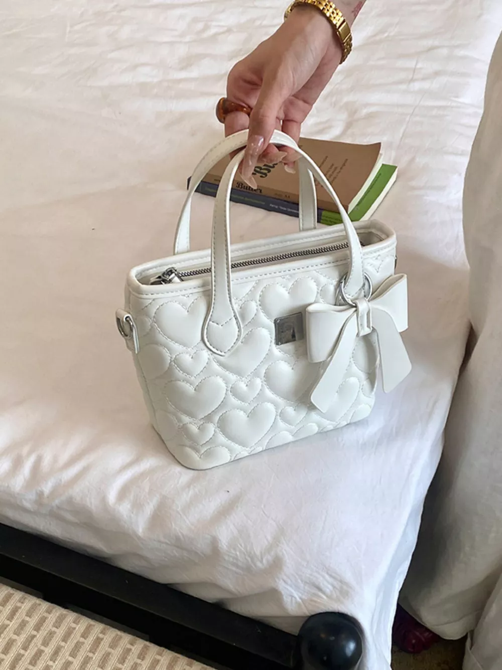 Chic Quilted Heart Crossbody Bag with Bow Accent, image 5