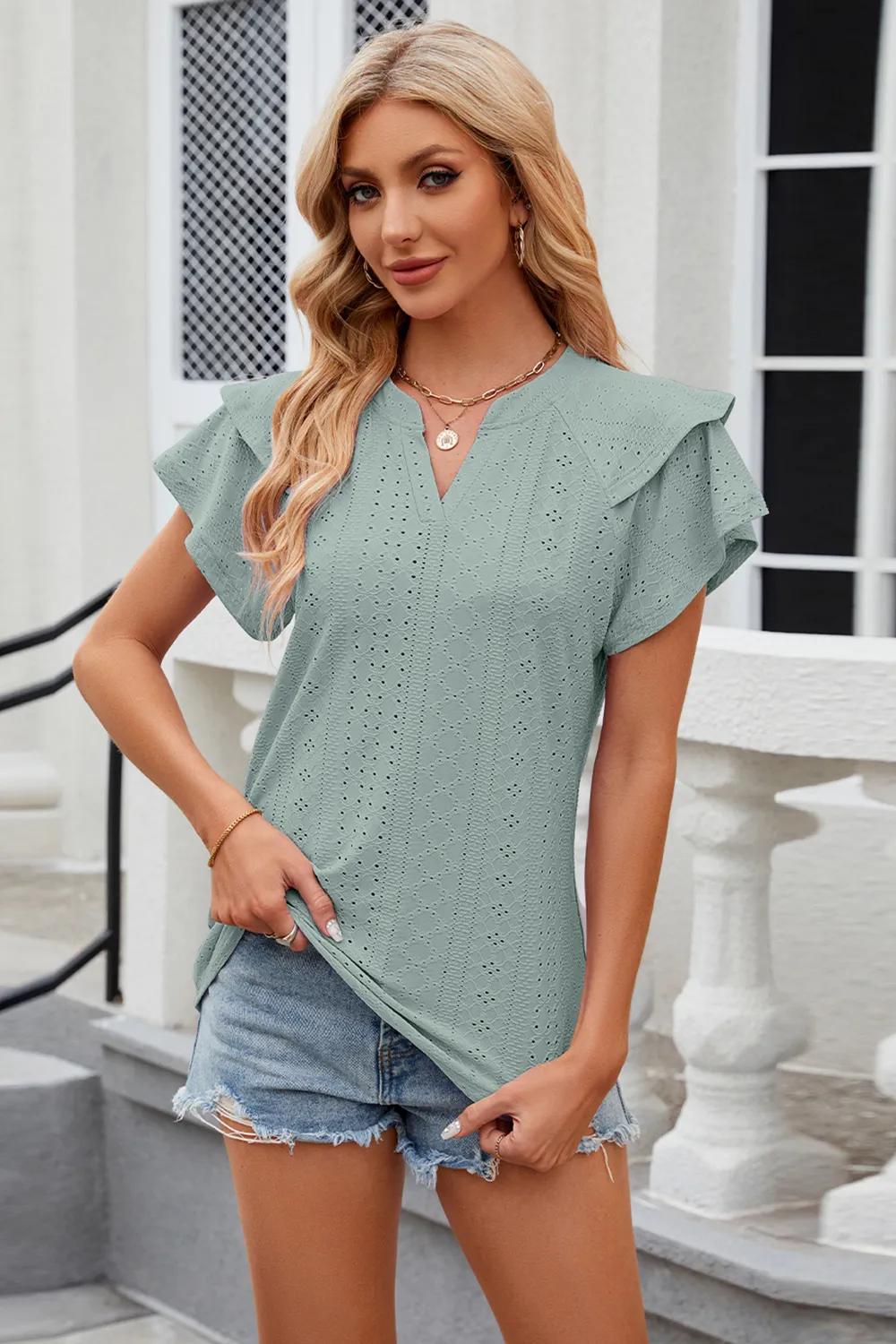Eyelet Notched Short Sleeve T-Shirt, image 21