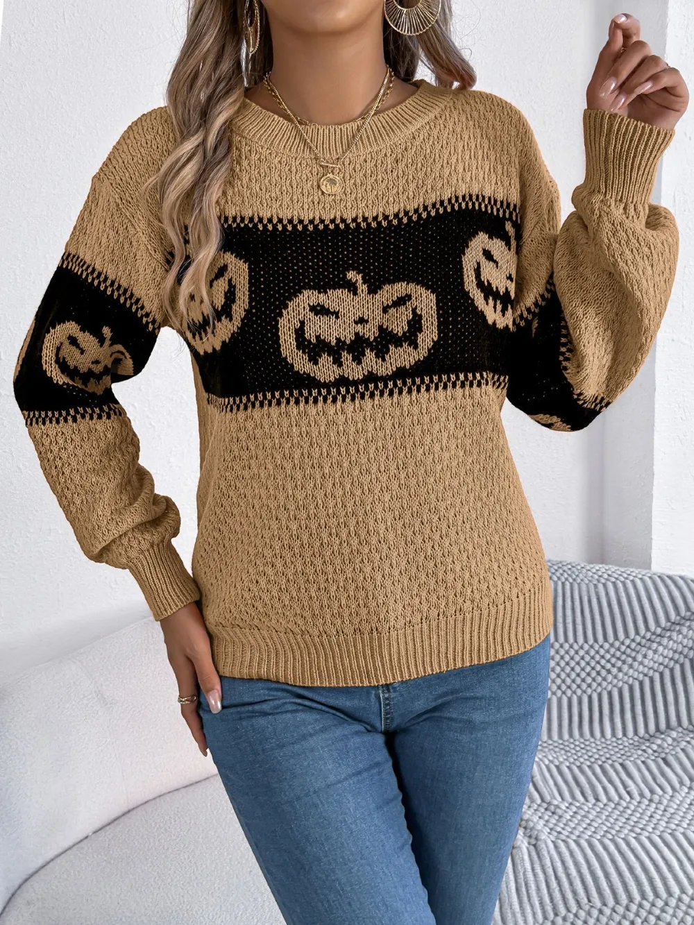 Pumpkin Round Neck Long Sleeve Sweater, image 9