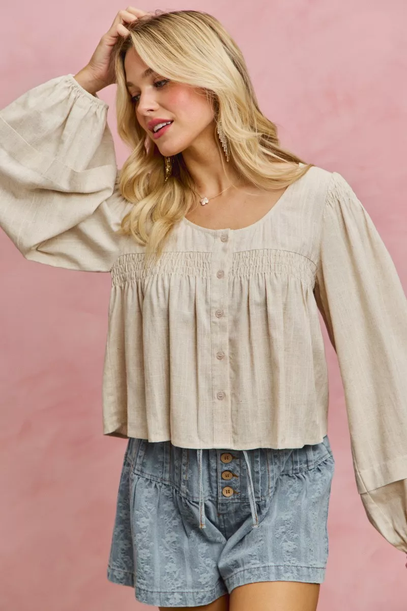 Linen Blend Woven Long Sleeve With Smocking Top, image 2