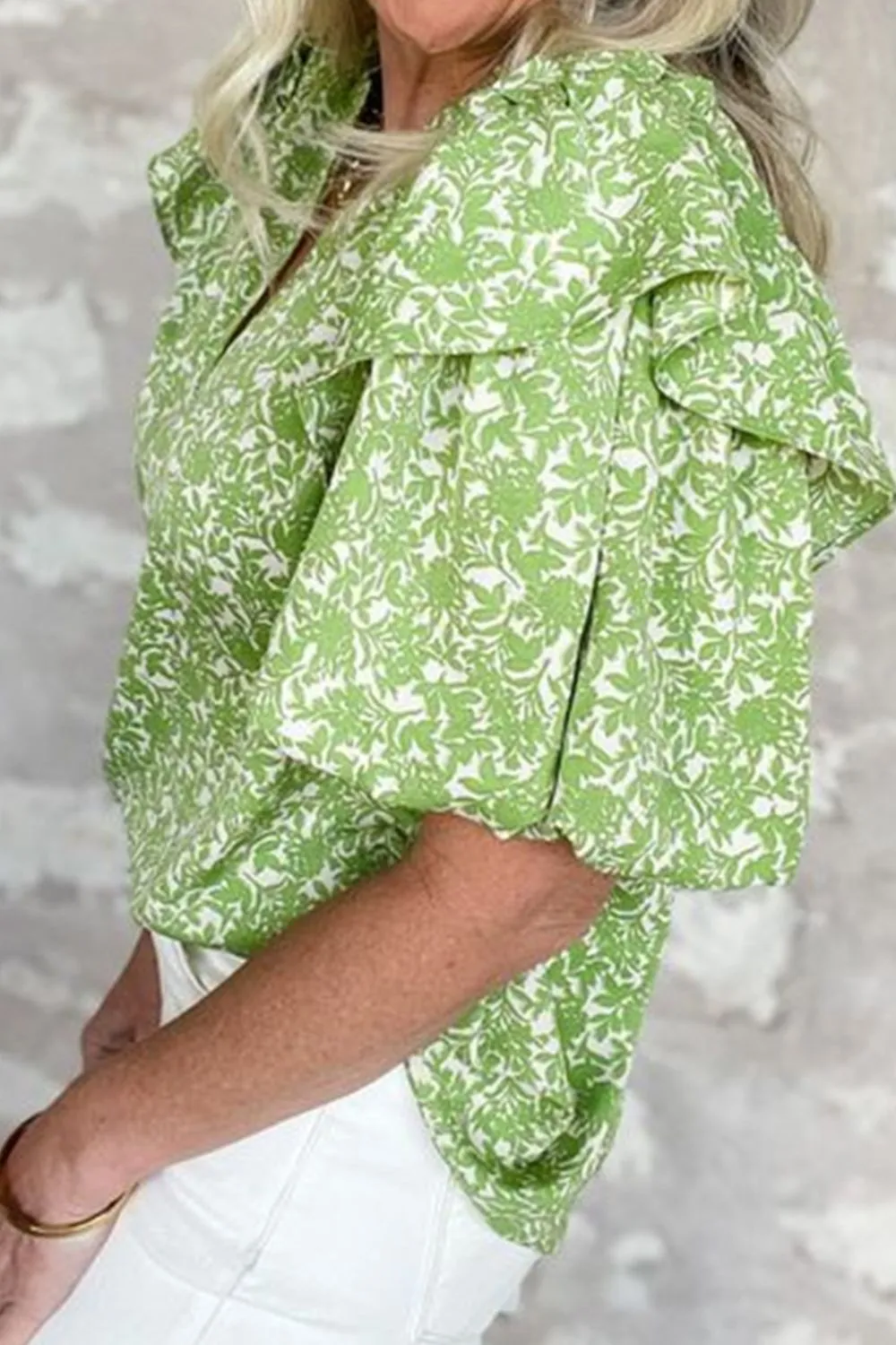 Floral Ruffle Puff Short Sleeve Frilled Notched Blouse, image 8
