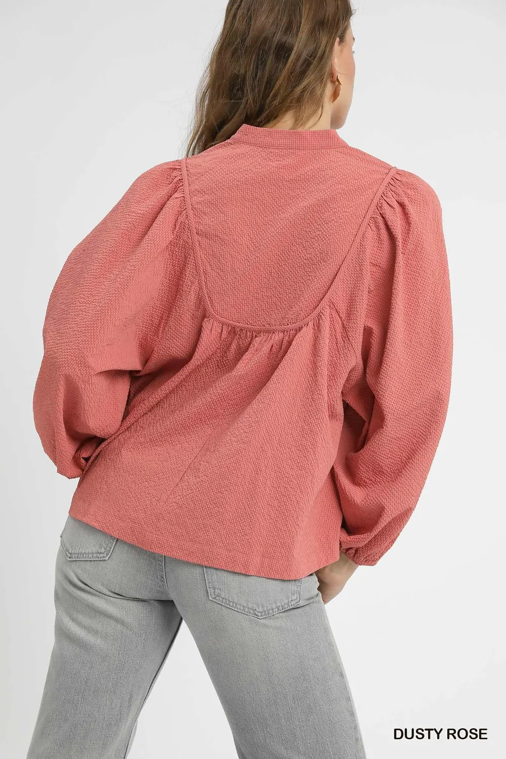 Textured Notched Blouse with Balloon Sleeves, image 3