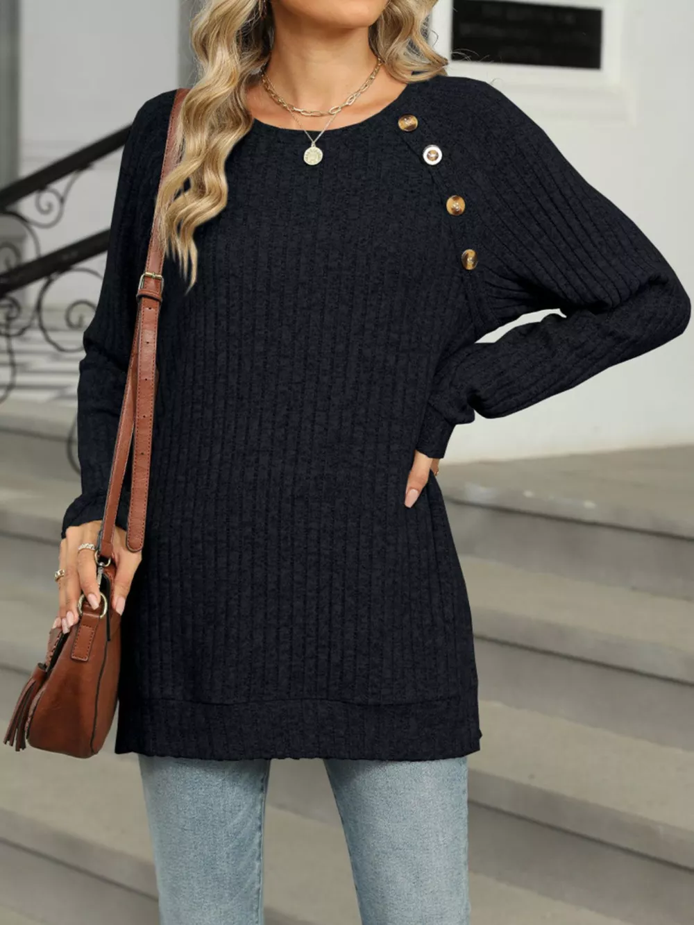 Round Neck Side Slit Ribbed Knit Top with Asymmetric Button Detail, image 18