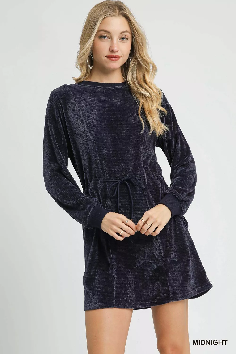 Velour Drawstring Mini Dress with Long Sleeves
