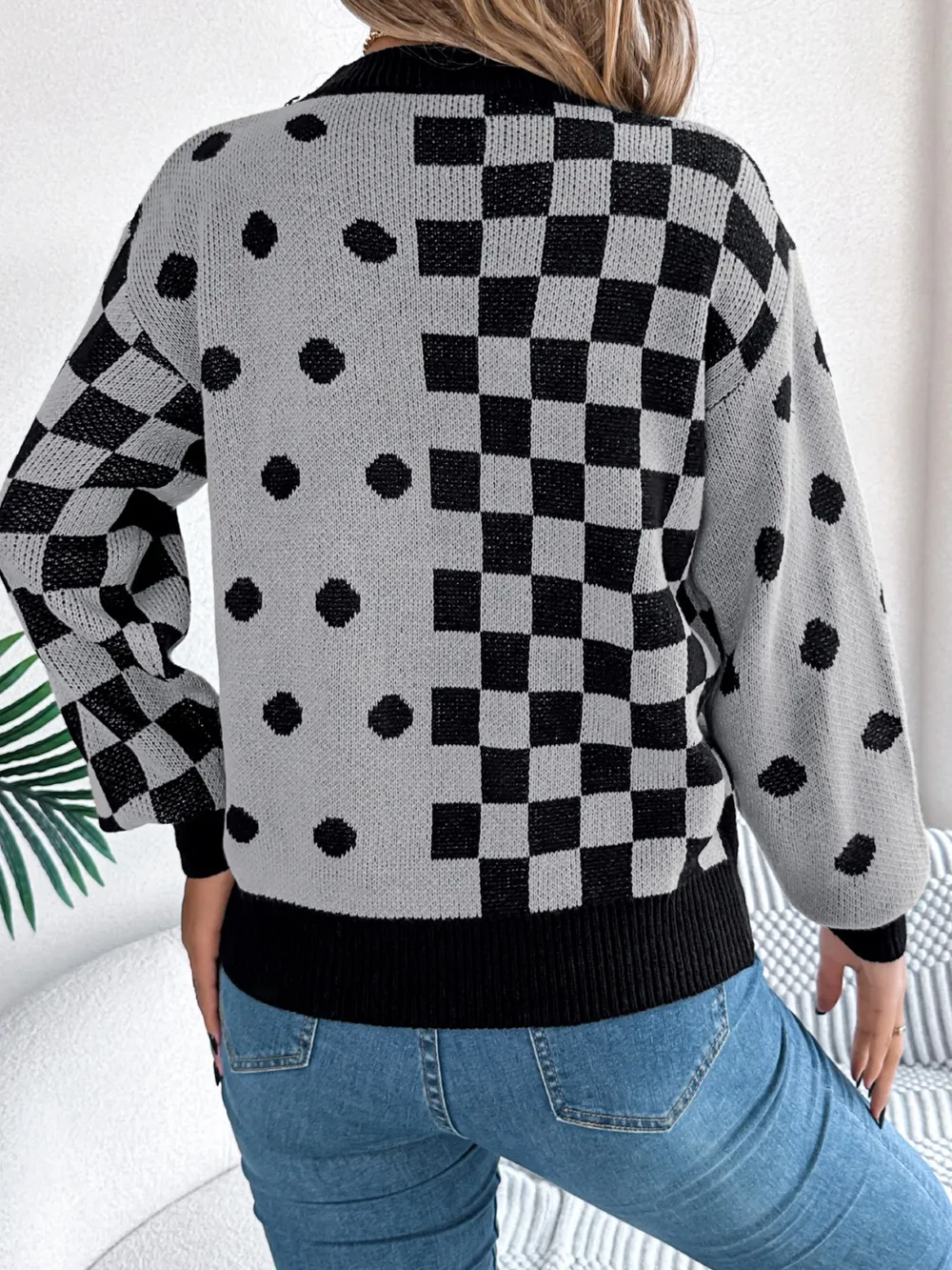 Plaid Round Neck Long Sleeve Sweater, image 3