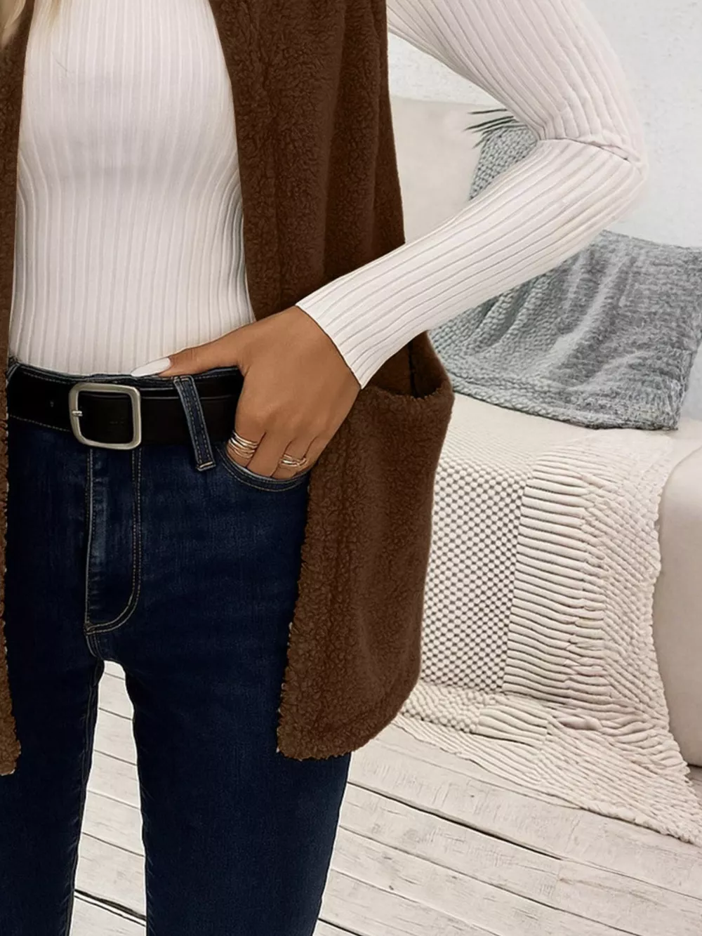 Sleeveless Fuzzy Fleece Vest Coat, image 13