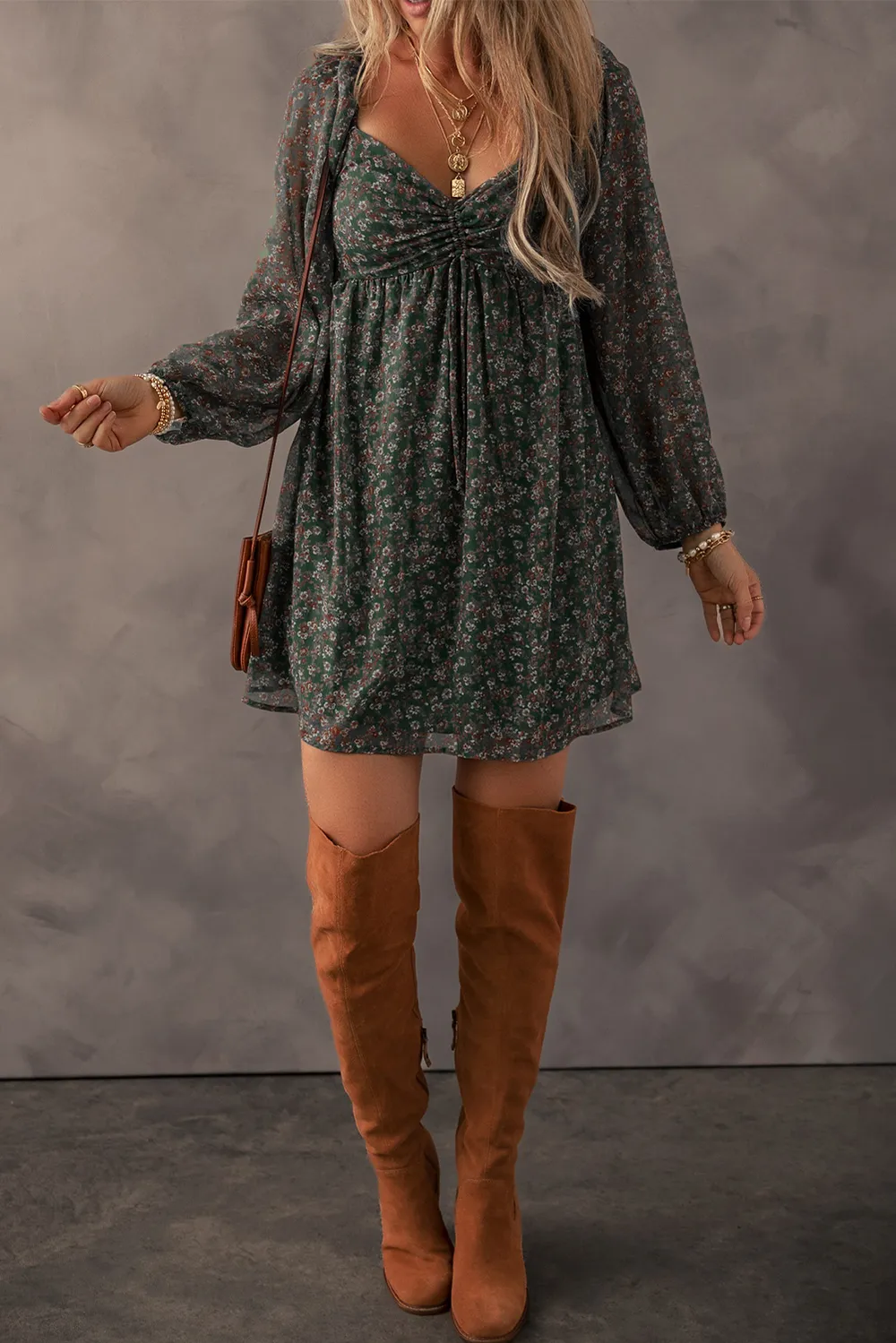 Ruched Printed Long Sleeve Mini Dress, image 11