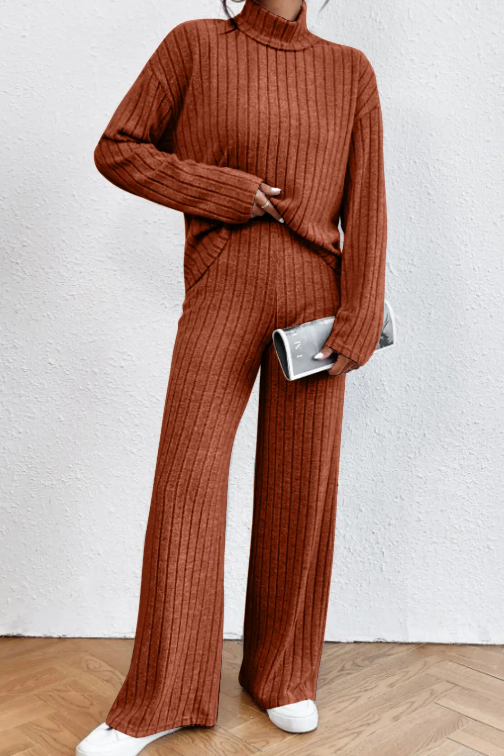 Mock Neck Dropped Shoulder Top and Pants Set, image 26