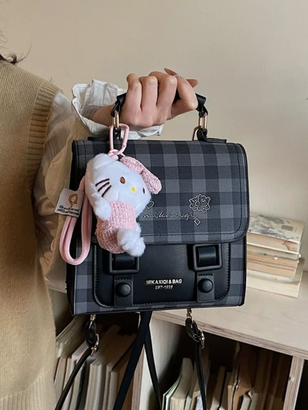 Plaid Pattern Embroidered Flap Backpack Bag, image 2