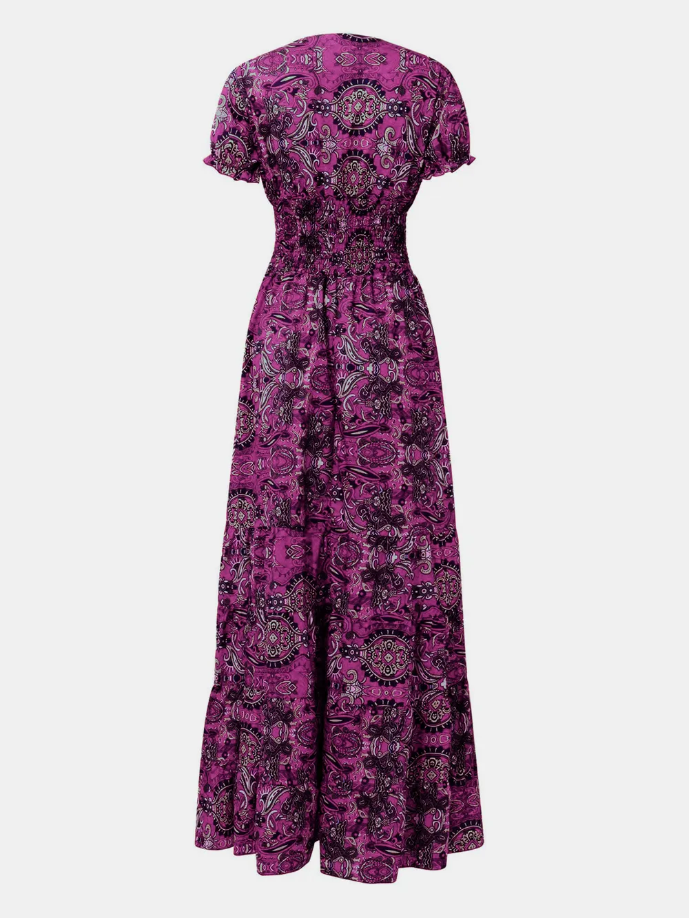 Full Size Smocked Printed V-Neck Short Sleeve Dress, image 18