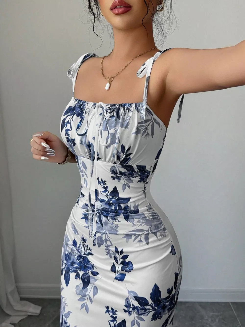 Printed Tie Strap Slit Maxi Dress, image 16