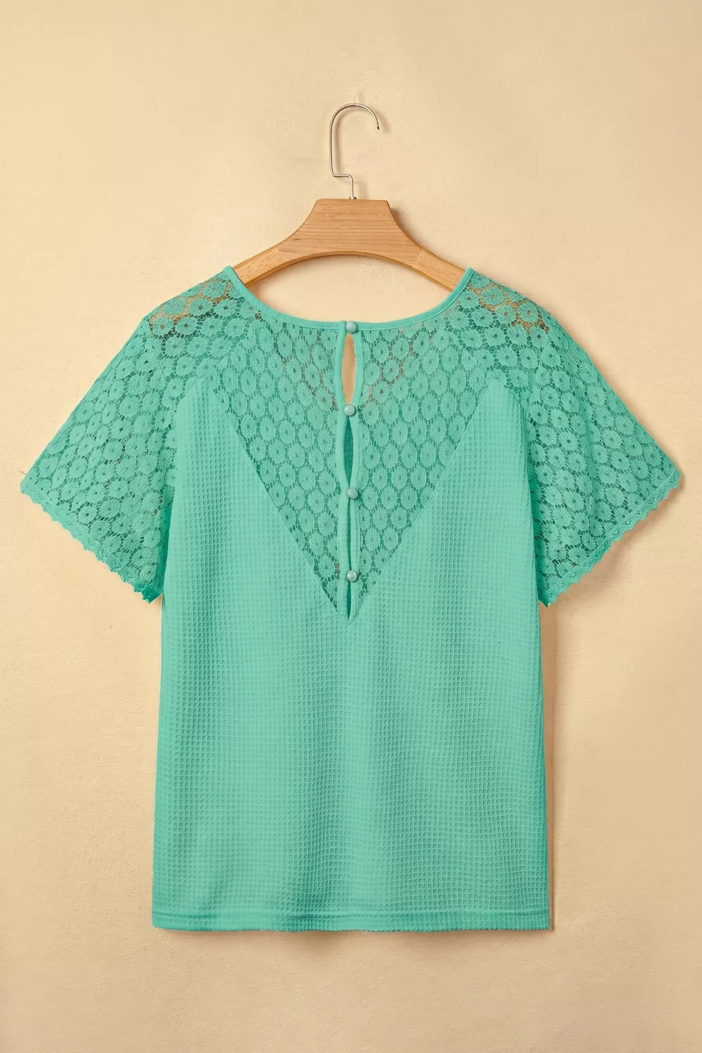 Lace Splicing Button Cutout V Neck Waffle Knit Blouse, image 6