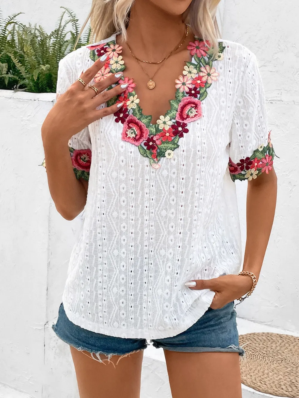 Eyelet Embroidered V-Neck Short Sleeve Blouse, image 11