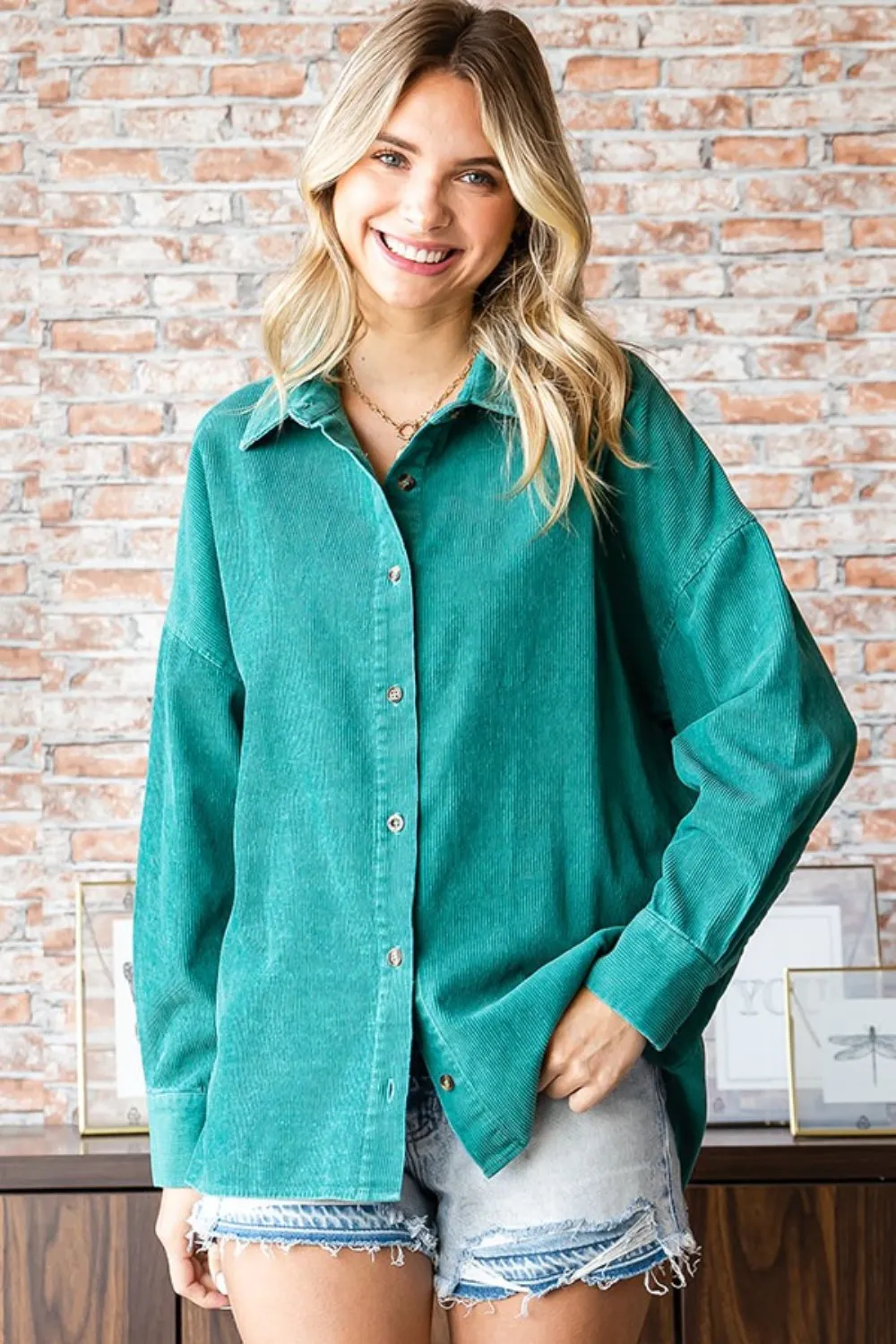 Washed Corduroy Button Down Long Sleeve Shirt, image 3