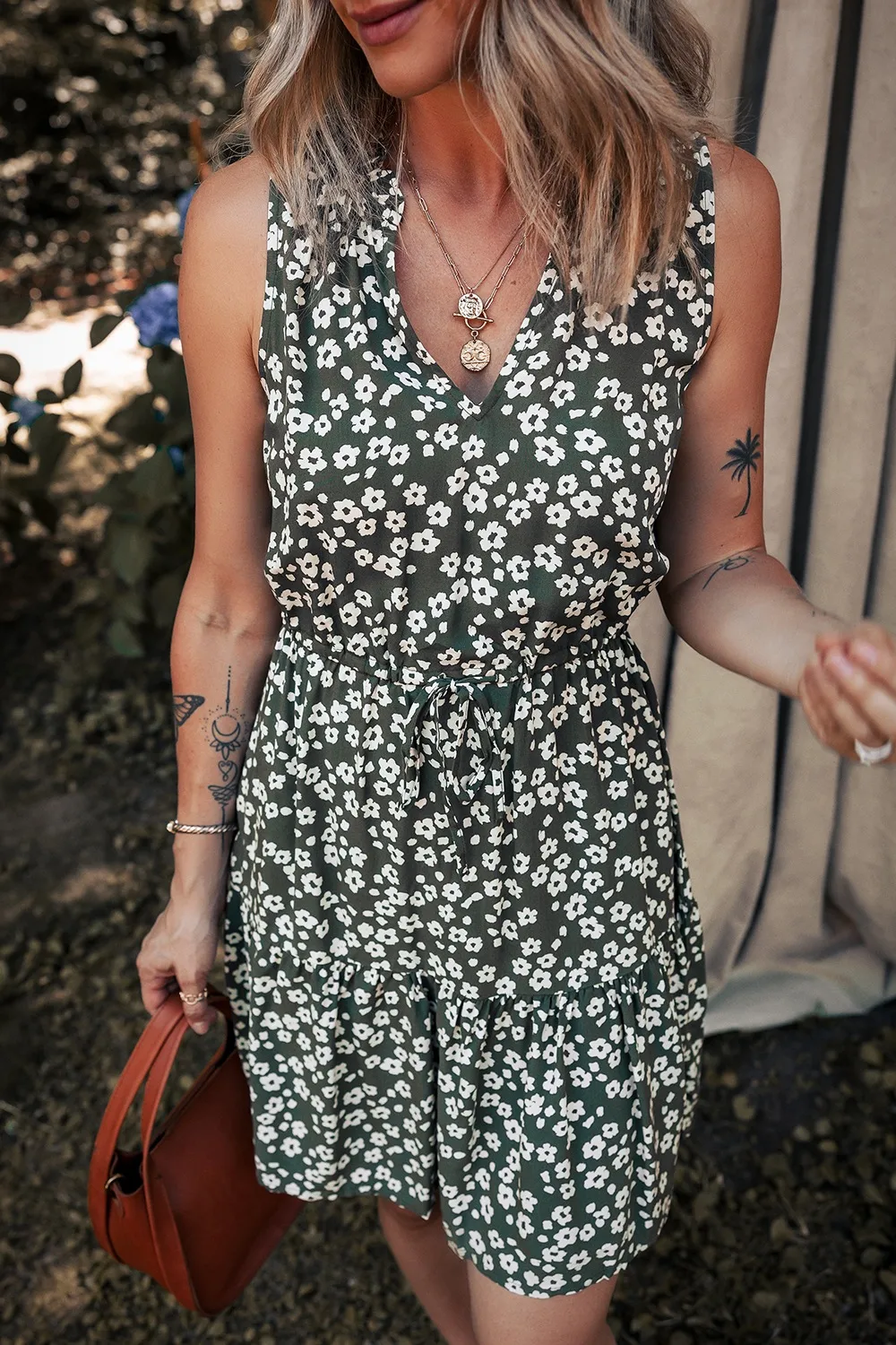 Boho Floral Print V Neck Tunic Sleeveless Dress, image 6