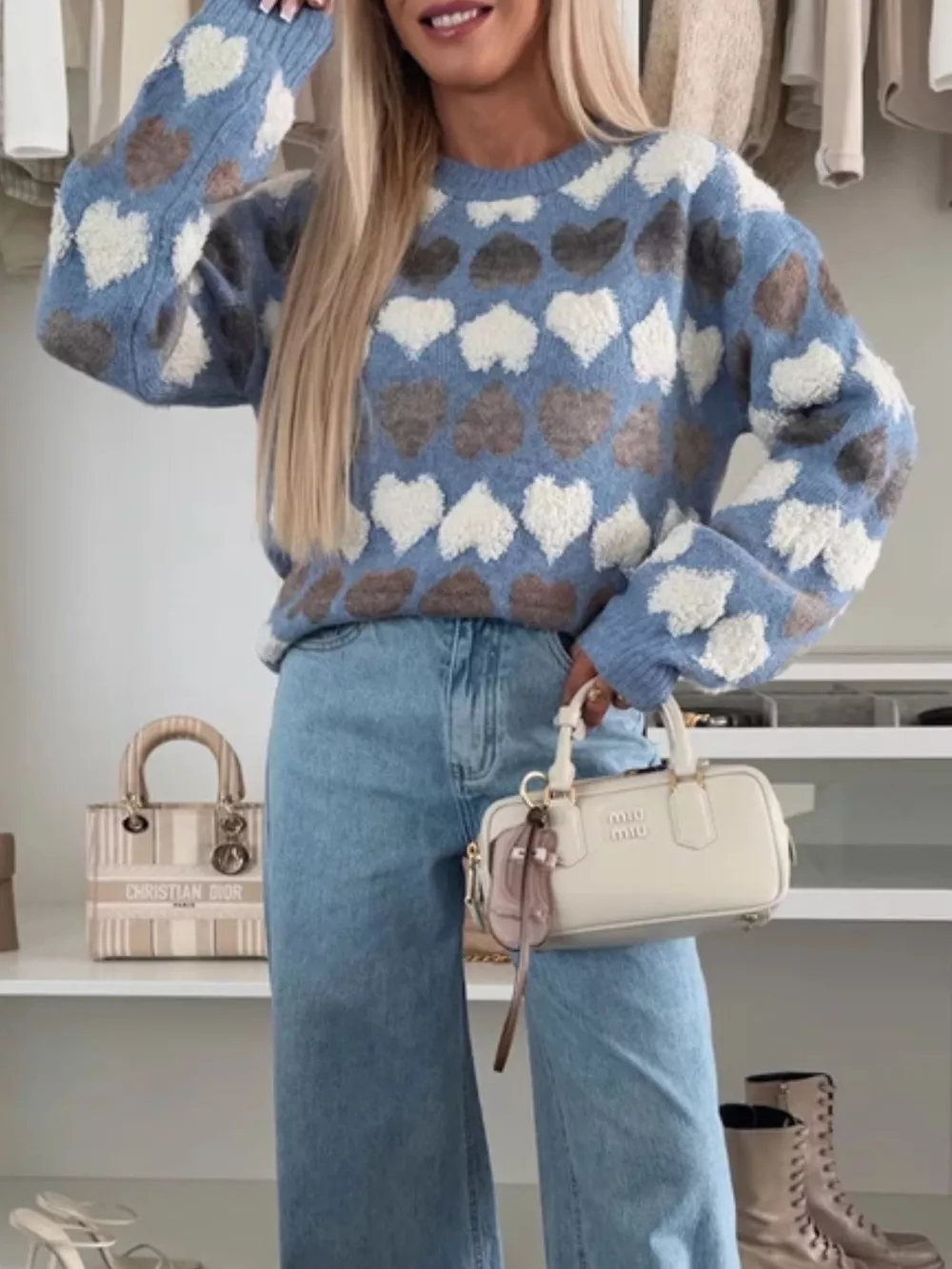 Heart-Patterned Round Neck Sweater, image 6