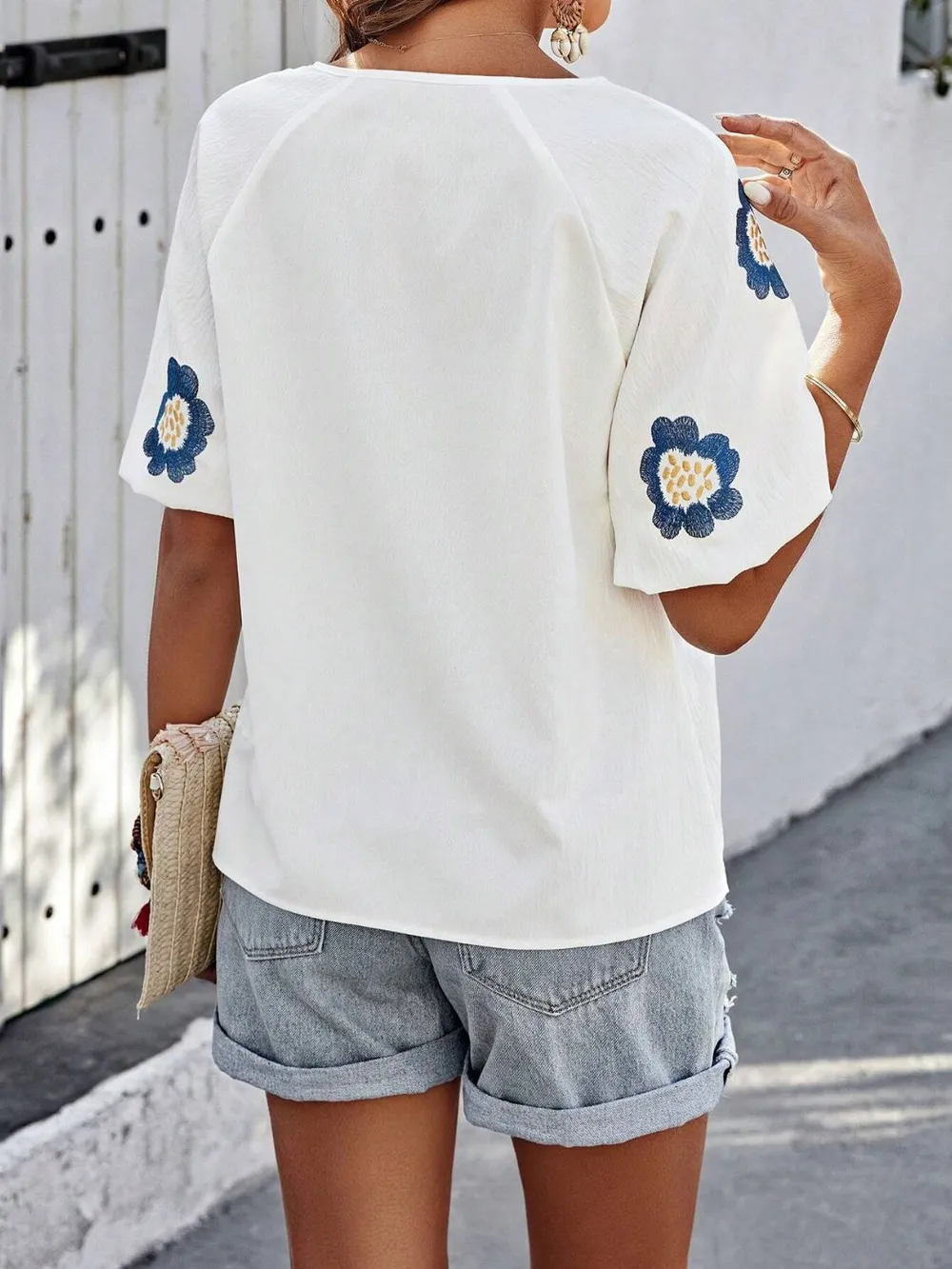 Embroidered Tie Neck Puff Sleeve Blouse, image 14