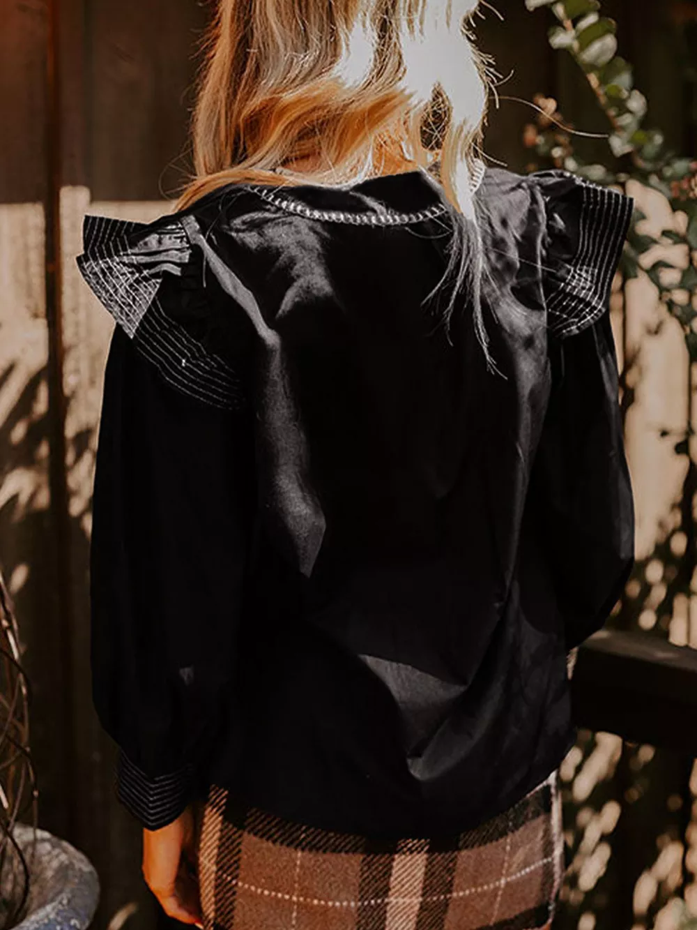 Ruffled Notched Long Sleeve Blouse, image 3